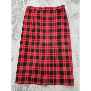 Vintage 80s GW Originals High Waist Midi Skirt Size 12 Red Black Plaid Pleated